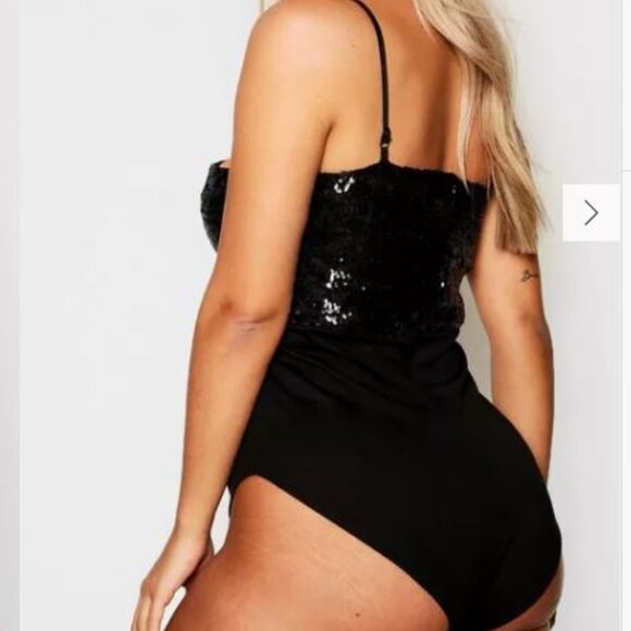 boohoo plus size 14 wrap tank top bodysuit in black and silver sequins - Picture 2 of 9